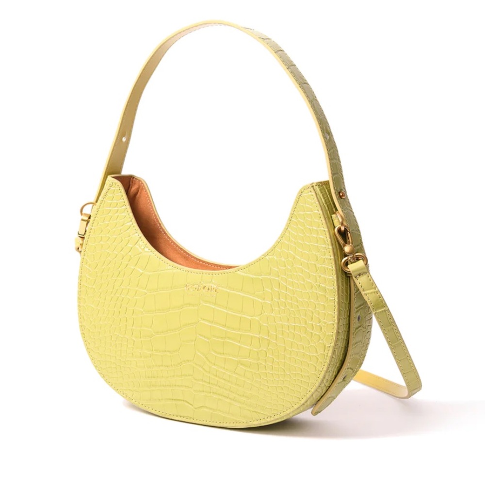 NWOT Bob Oré Naomi Leather Moon Bag with Croc-Embossed Pattern Green